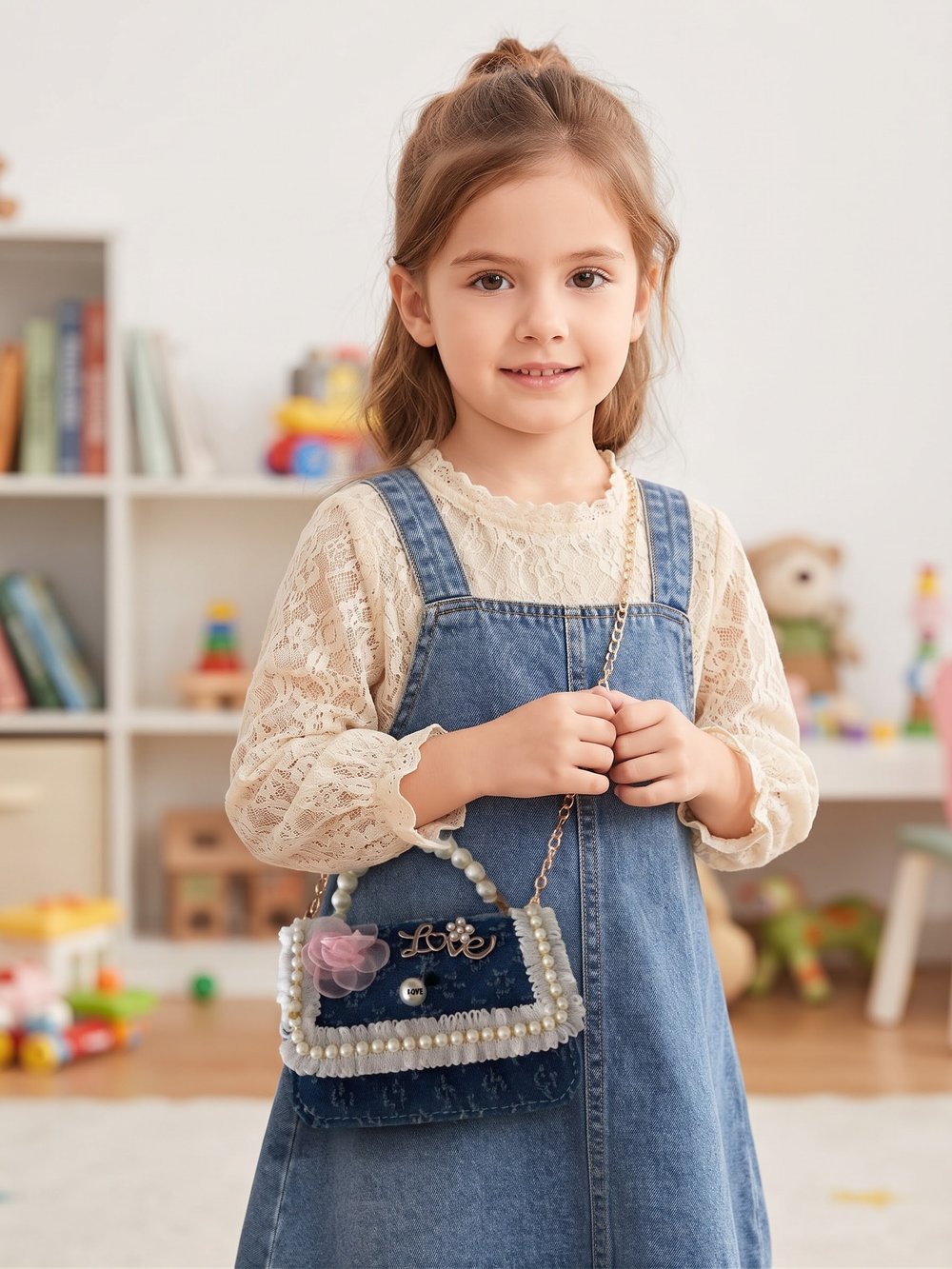 İnci Detaylı Kot Denim Çanta Pembe