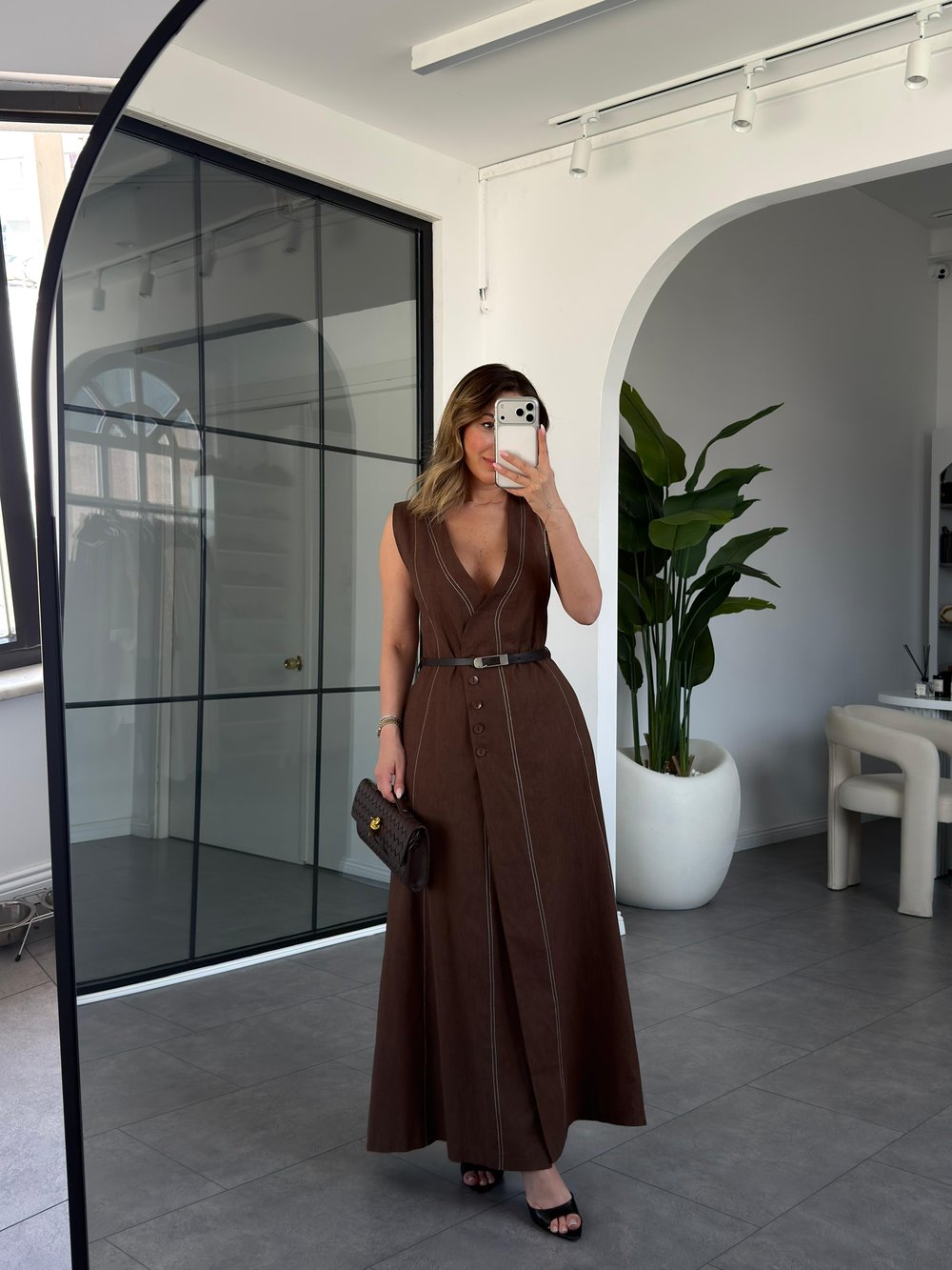 Keten Düğme Detay Kemerli Elbise 580942