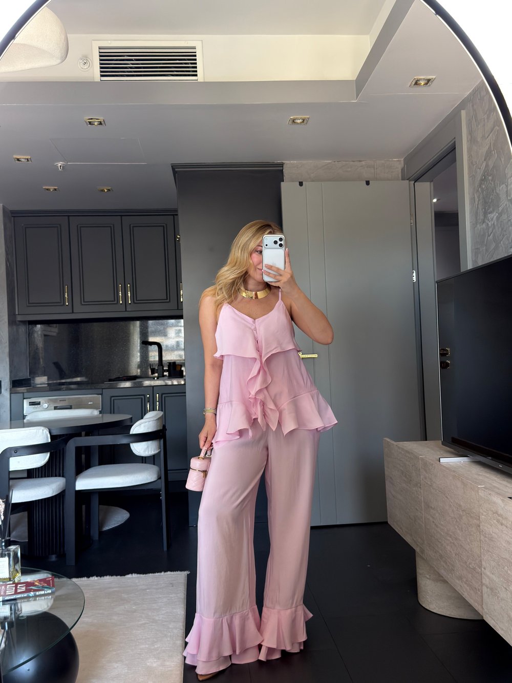 İp Askılı Bluz Fırfır Detaylı Pantolon Takım 9835