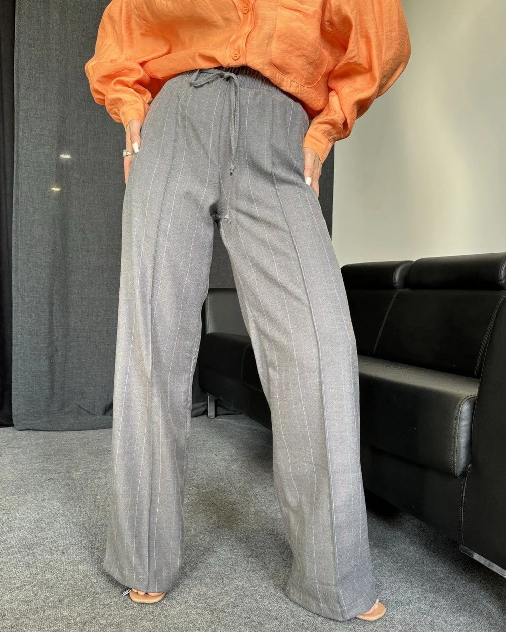 Premium Kalite Beli Lastikli Çizgili Pantolon