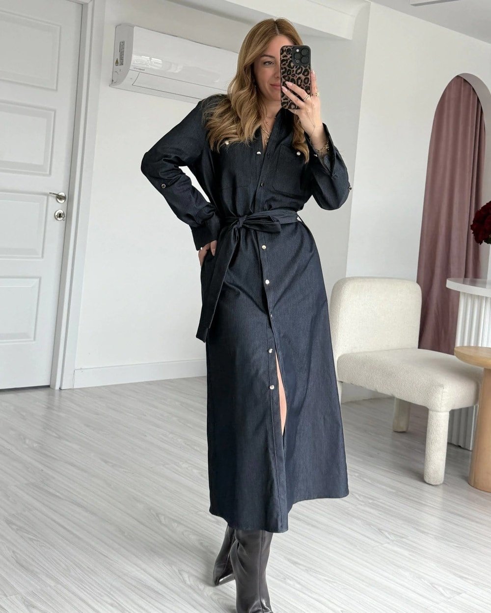 Lacivert Gold Düğmeli Denim Elbise
