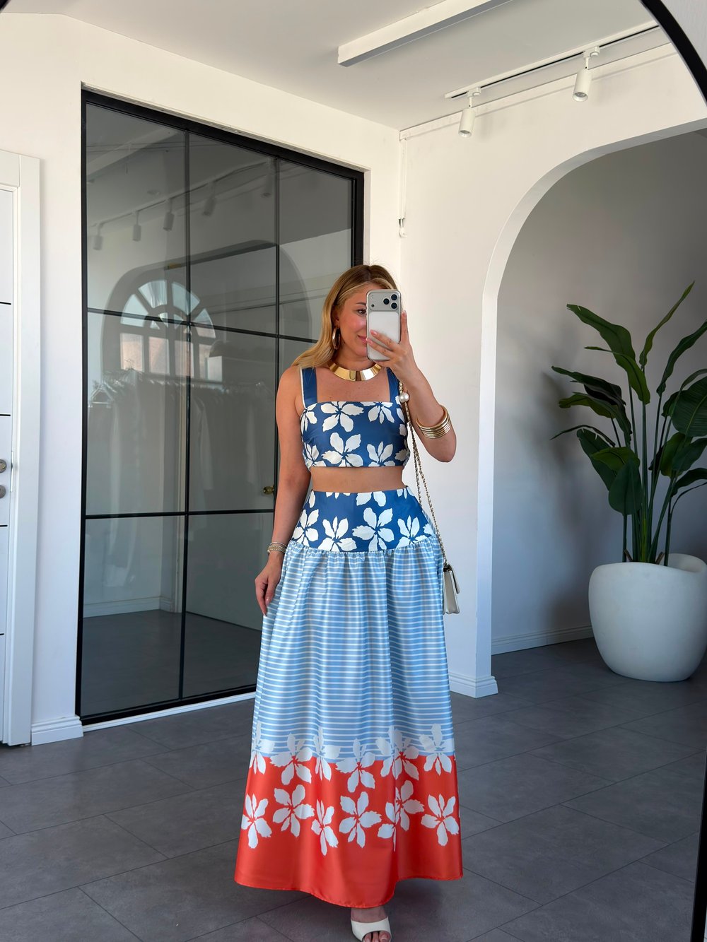 Hawai Desen Saten Crop Etek Takım 30459