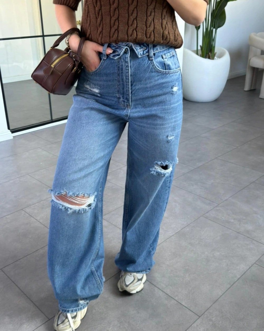 BEL DETAYLI YIRTIK WIDE LEG JEAN 8185