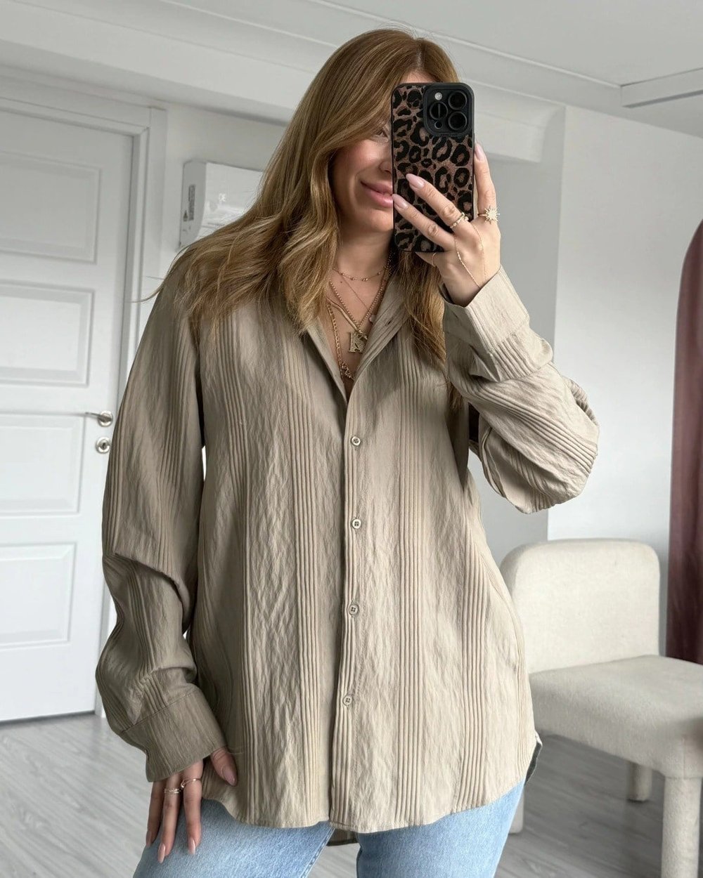 Kendinden Desenli Oversize Gömlek