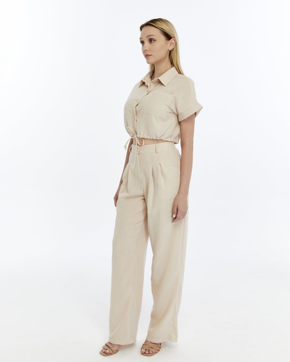BEJ CROP KETEN PANTALON TAKIM