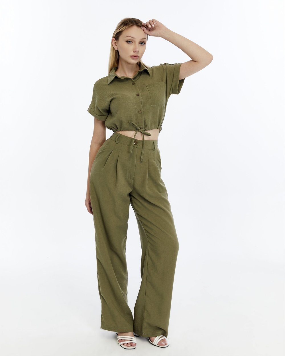 BEJ CROP KETEN PANTALON TAKIM