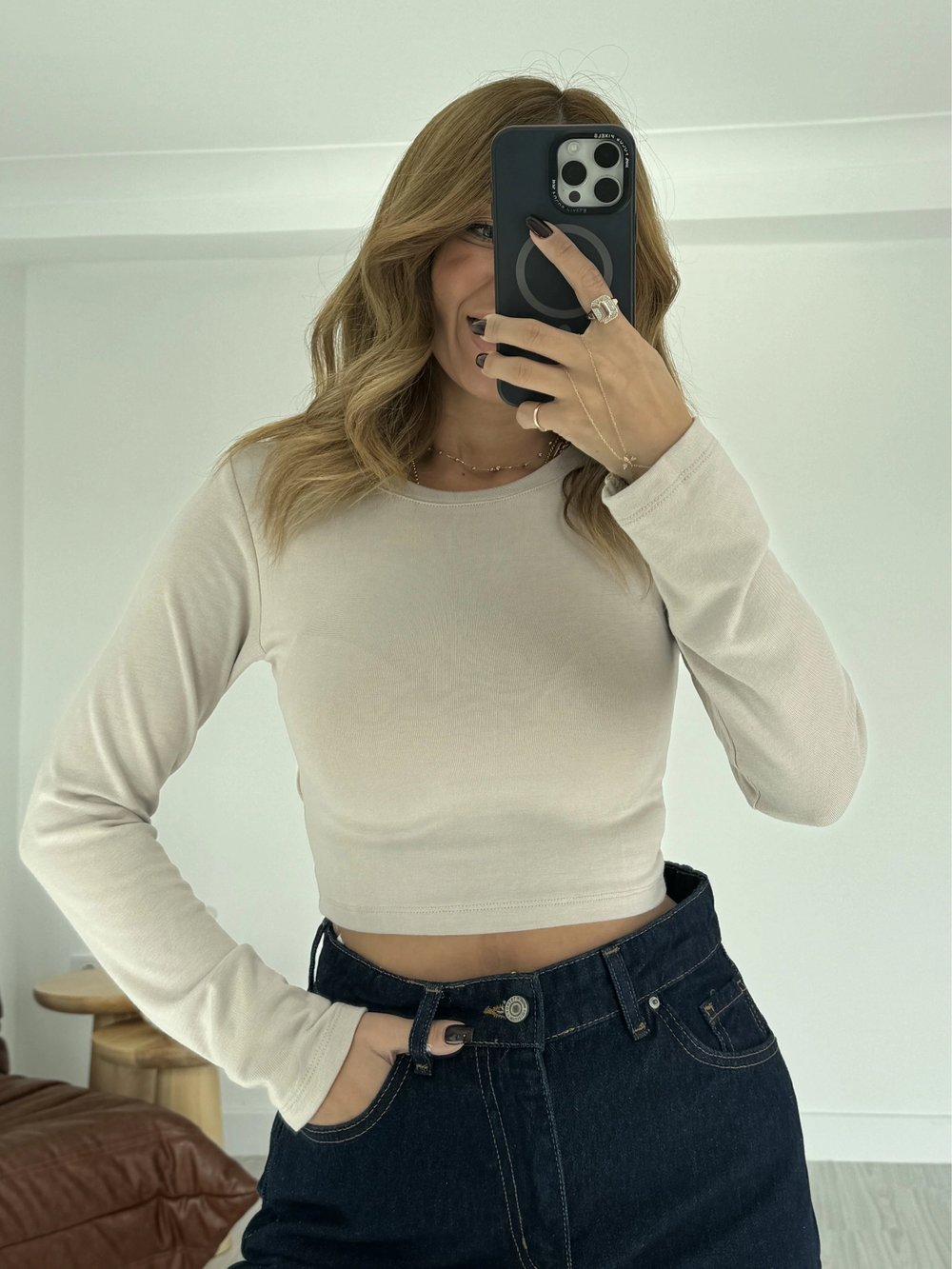 Bej Marka Model Crop Uzun Kollu Bluz