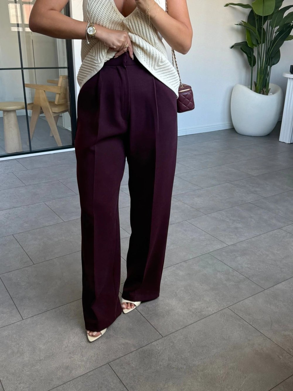Bordo Yüksek Bel Dökümlü Pantolon