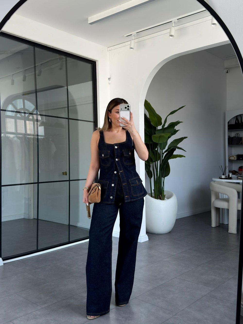 Kare Yaka Denim Yelek Pantolon Takım 260996