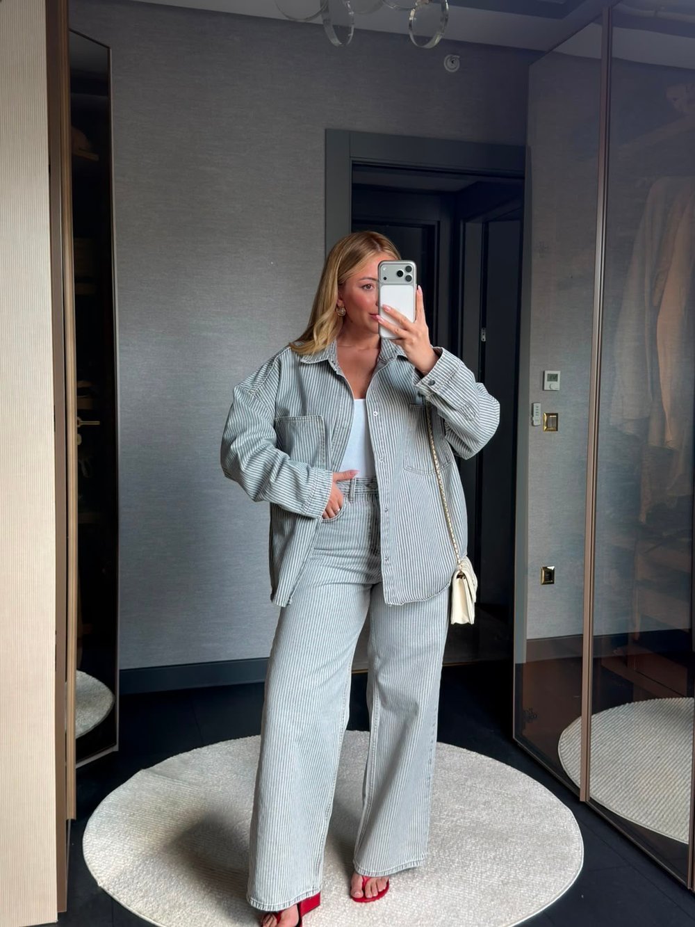 Oversize Çizgili Denim Takım 3666