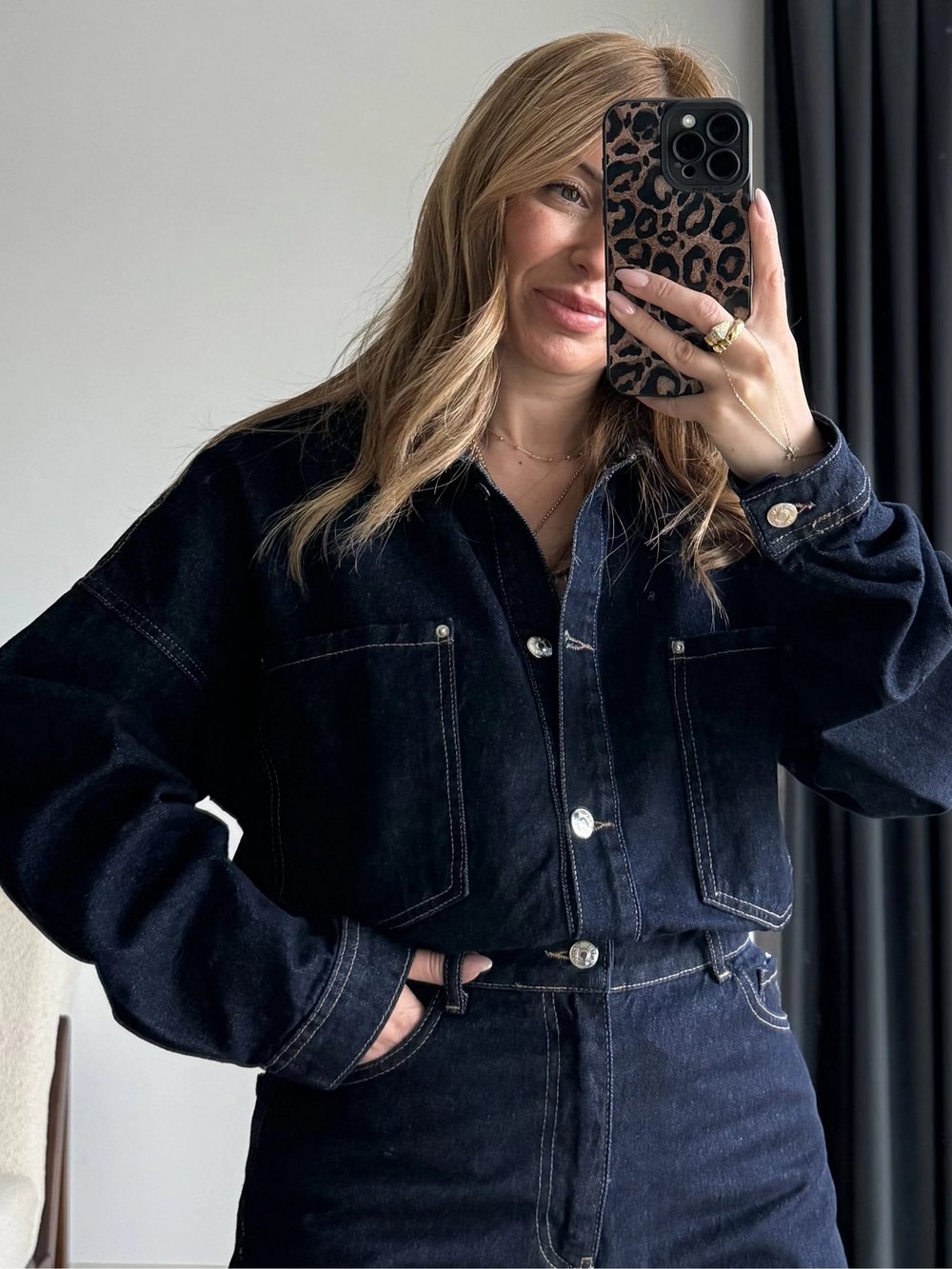 Lacivert Önü Düğmeli Cepli Oversize Denim Takım
