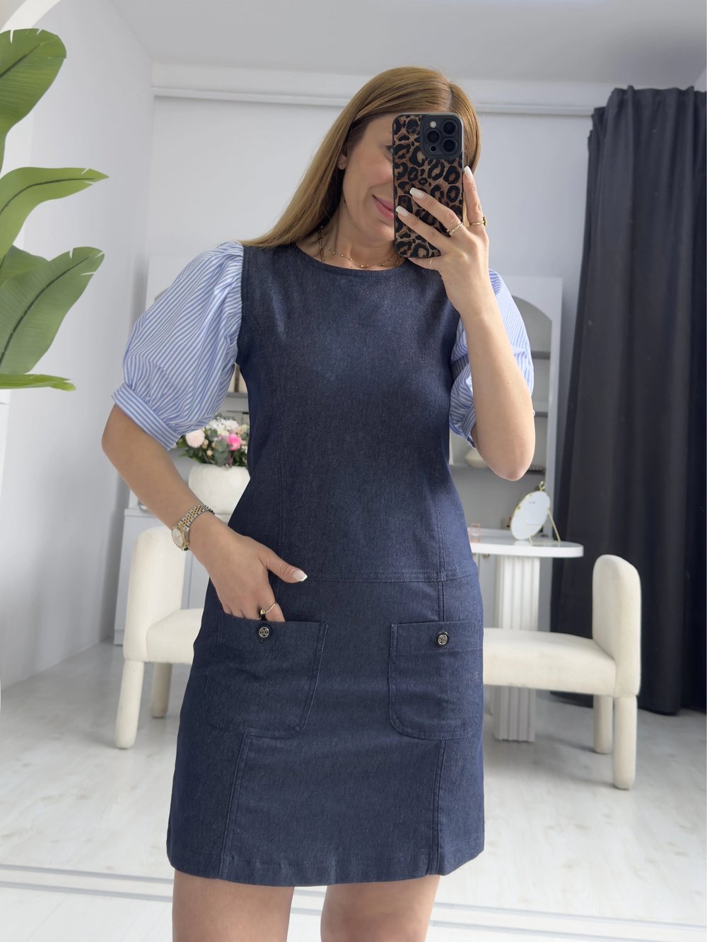 Mavi Kolları Poplin Jean Elbise