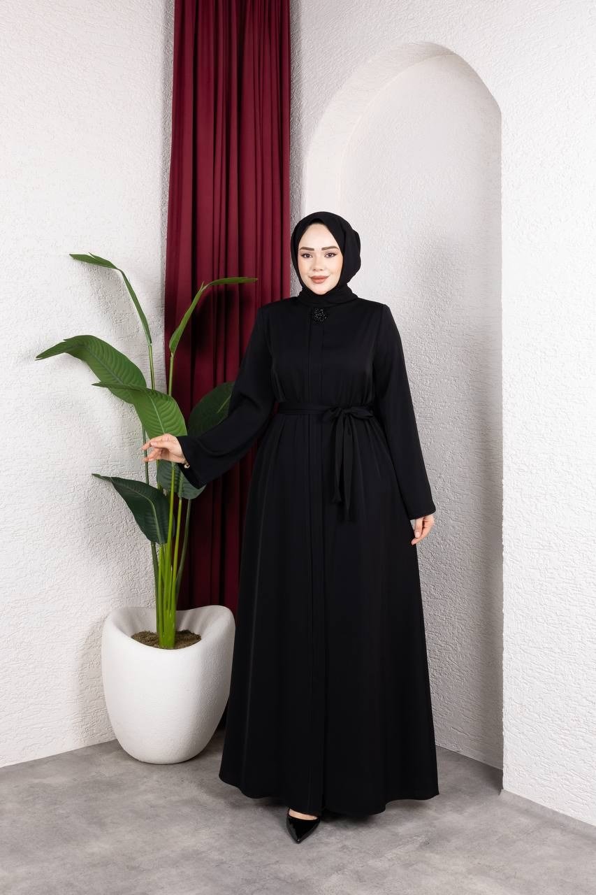 Kuşak Detaylı Dubai İpeği Ferace 2340 Siyah