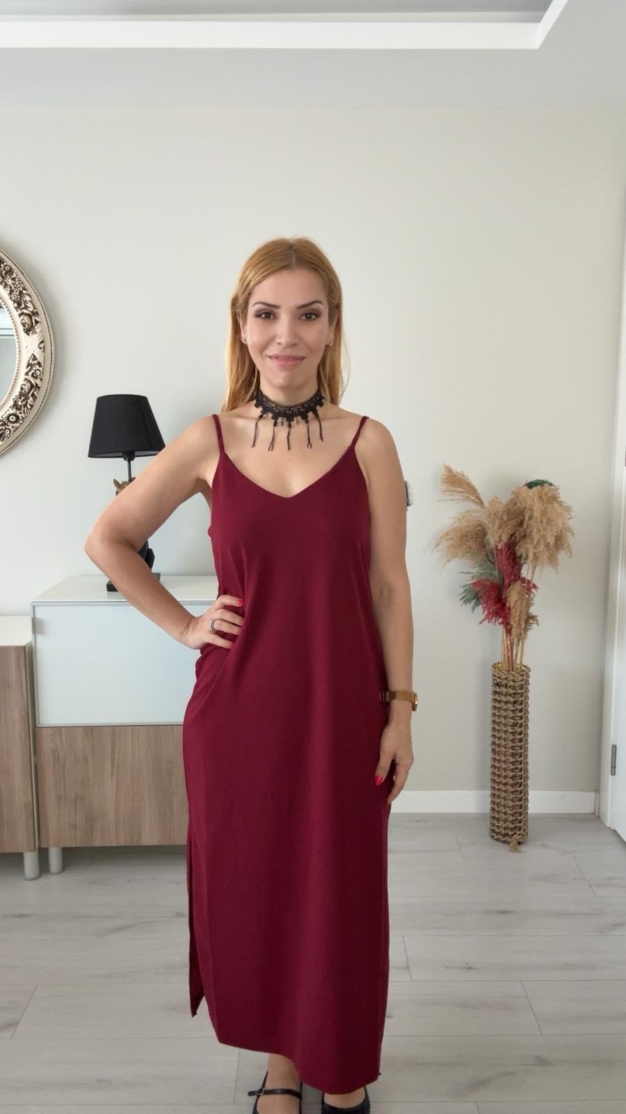 Askılı Krep Elbise Bordo