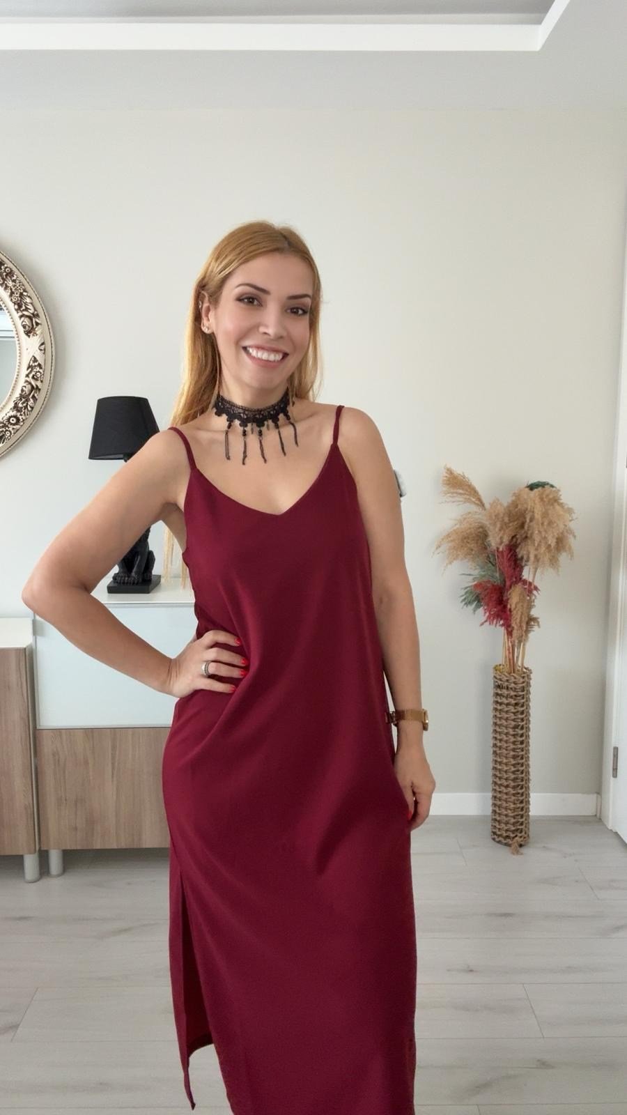 Askılı Krep Elbise Bordo