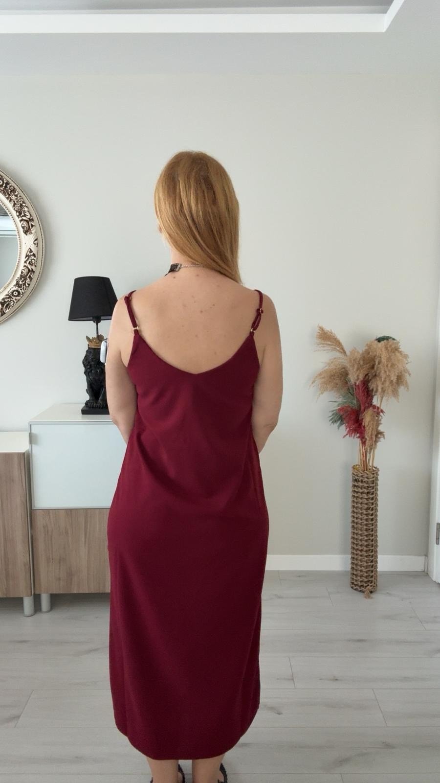 Askılı Krep Elbise Bordo