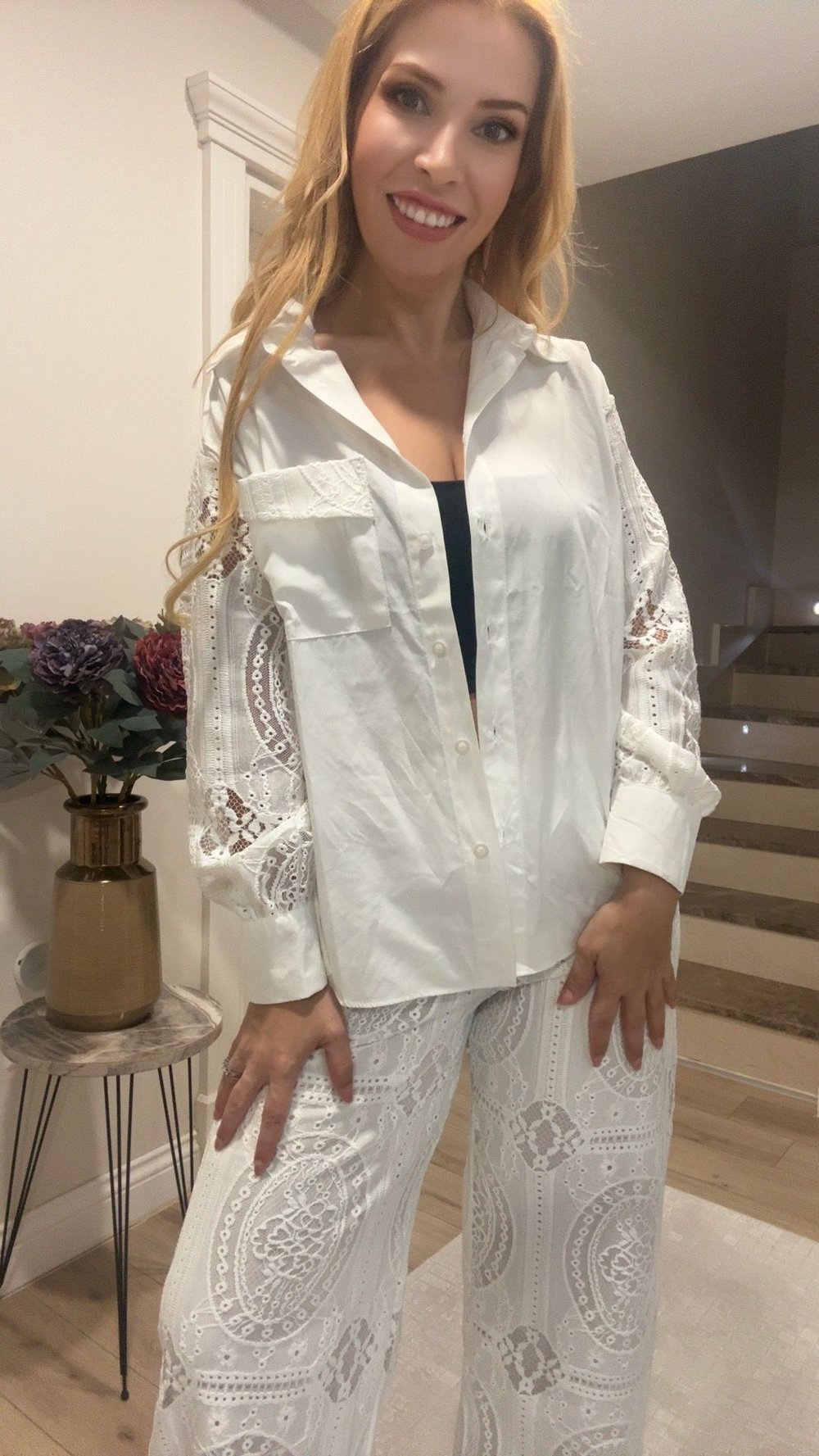 Güpür Detaylı İkili Takım Beyaz