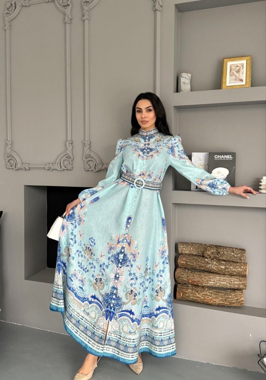  Çiçek Desenli Kemerli Keten Elbise Yeşil