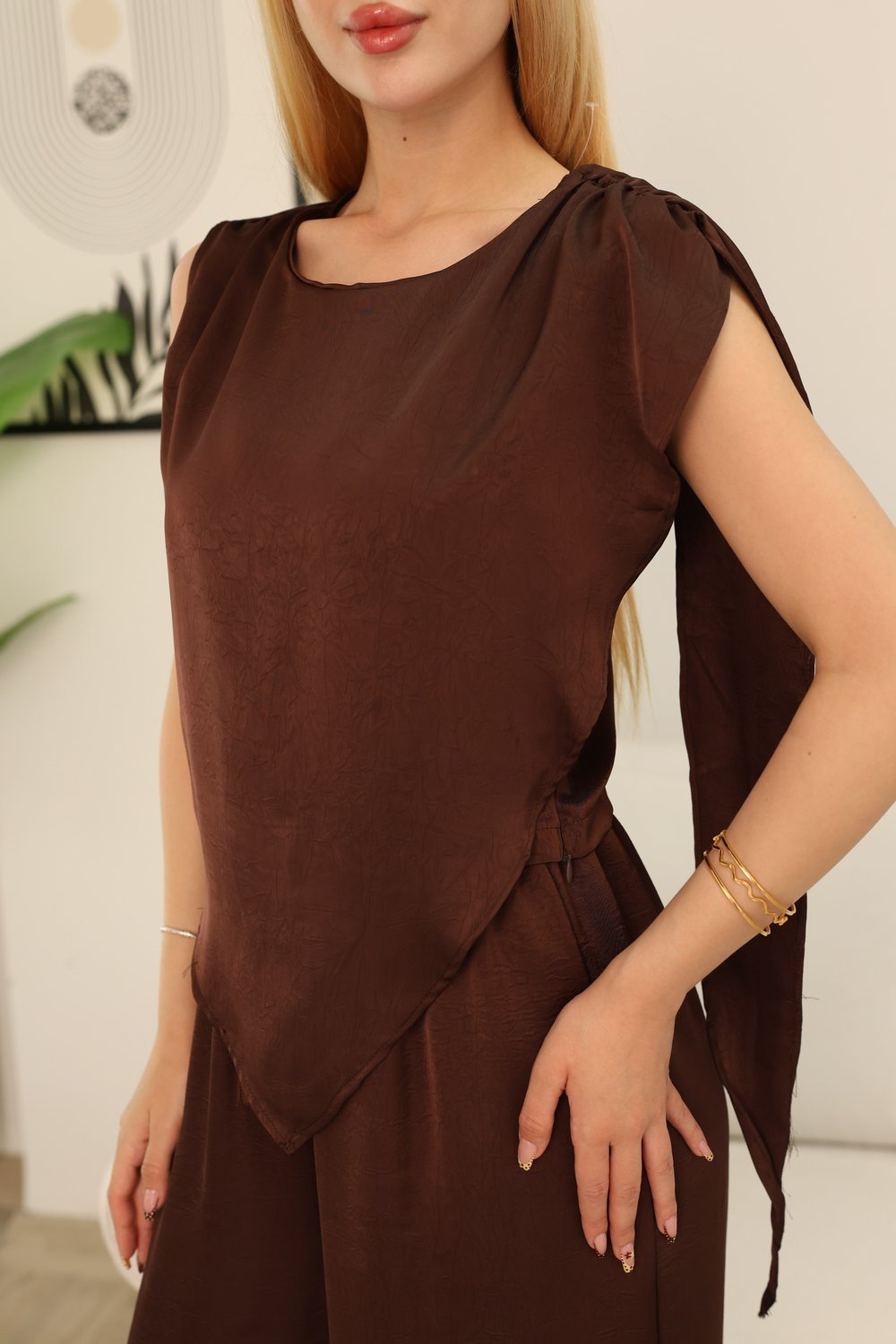  Saten Pantolonlu Takım Kahve