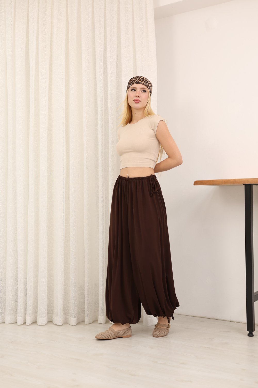 Bel Paça Bağcıklı Şalvar Pantolon Kahve