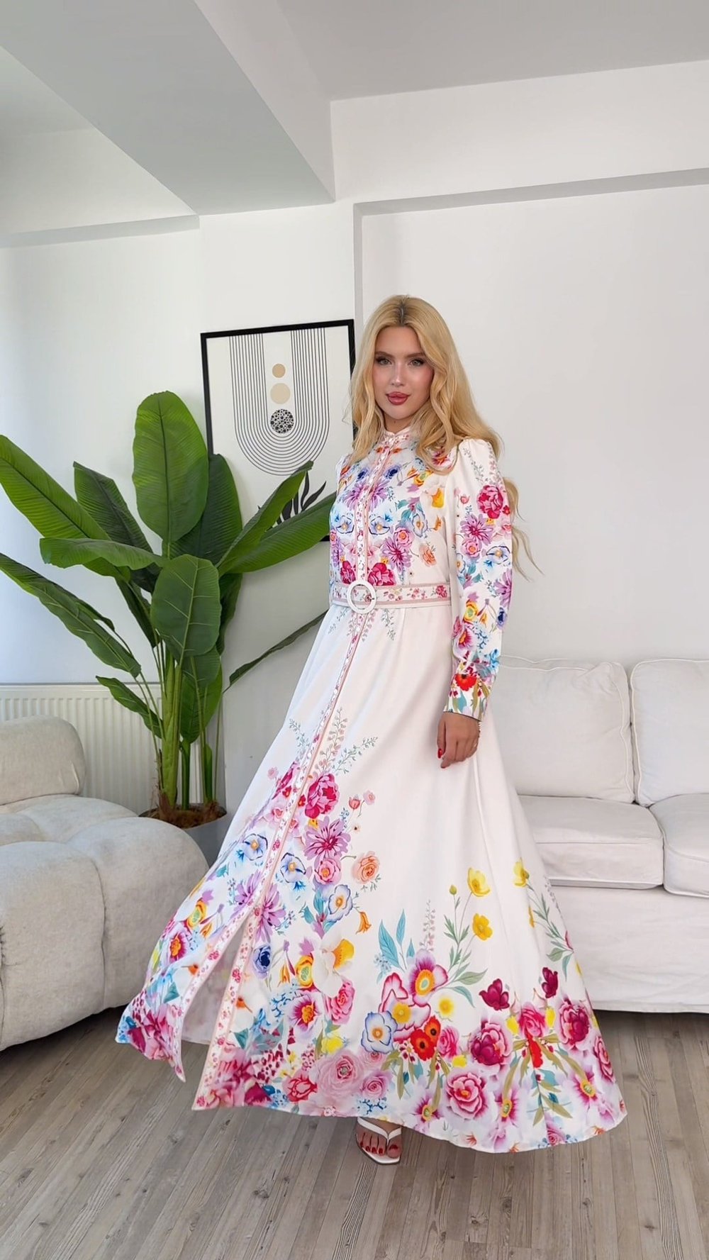 Dijital Baskı Çiçek Desen Kemerli Elbise Pembe
