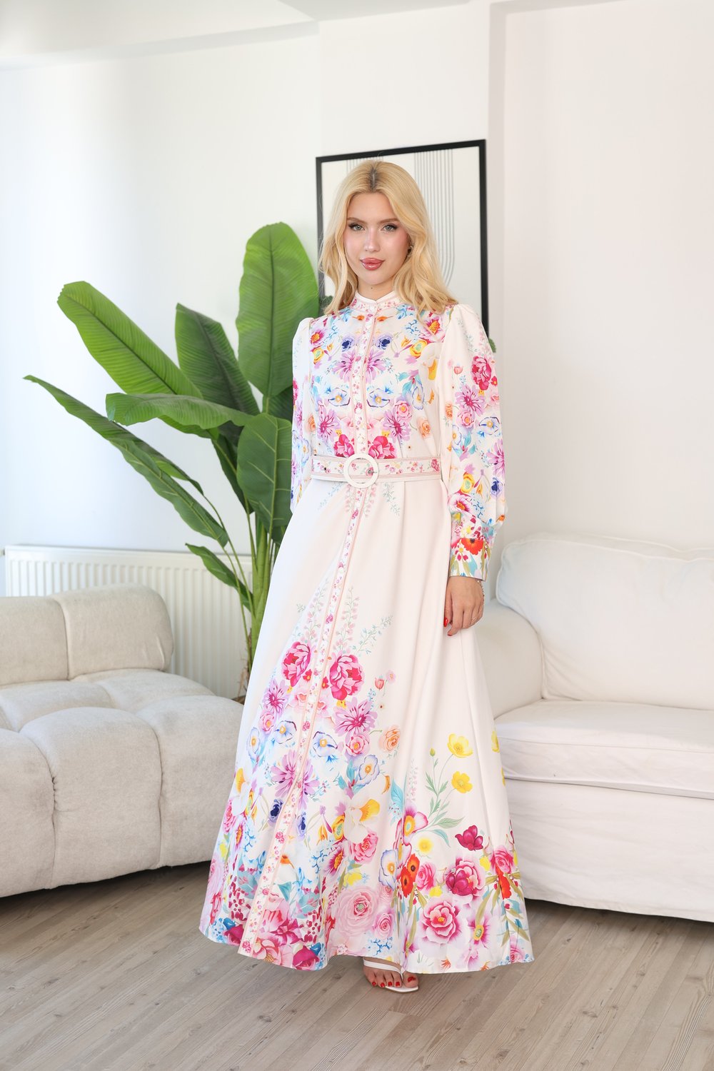 Dijital Baskı Çiçek Desen Kemerli Elbise Pembe