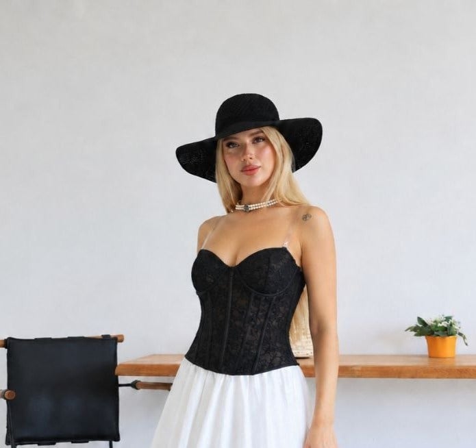 Korse Crop Dantel Detay Siyah