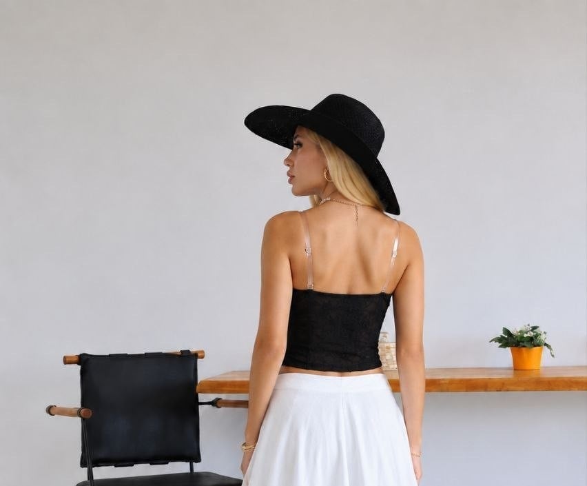 Korse Crop Dantel Detay Siyah