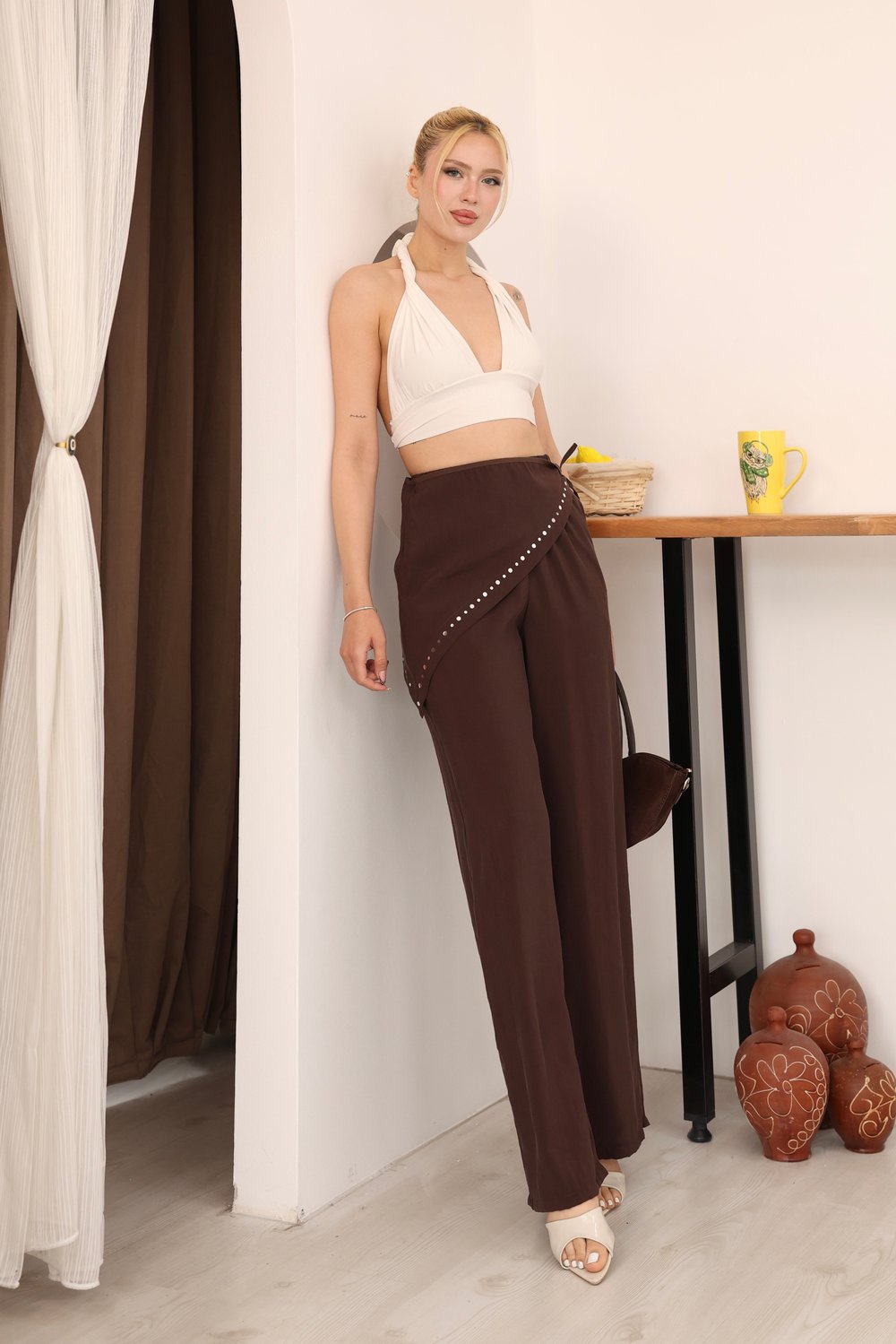 Pareo Bağlamalı Beli Lastikli Pantolon Kahve