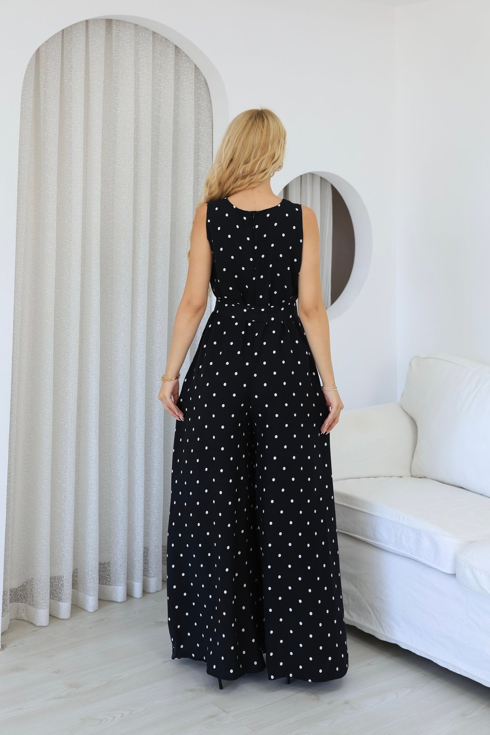 Puantiyeli Bel Kuşaklı Tulum Siyah
