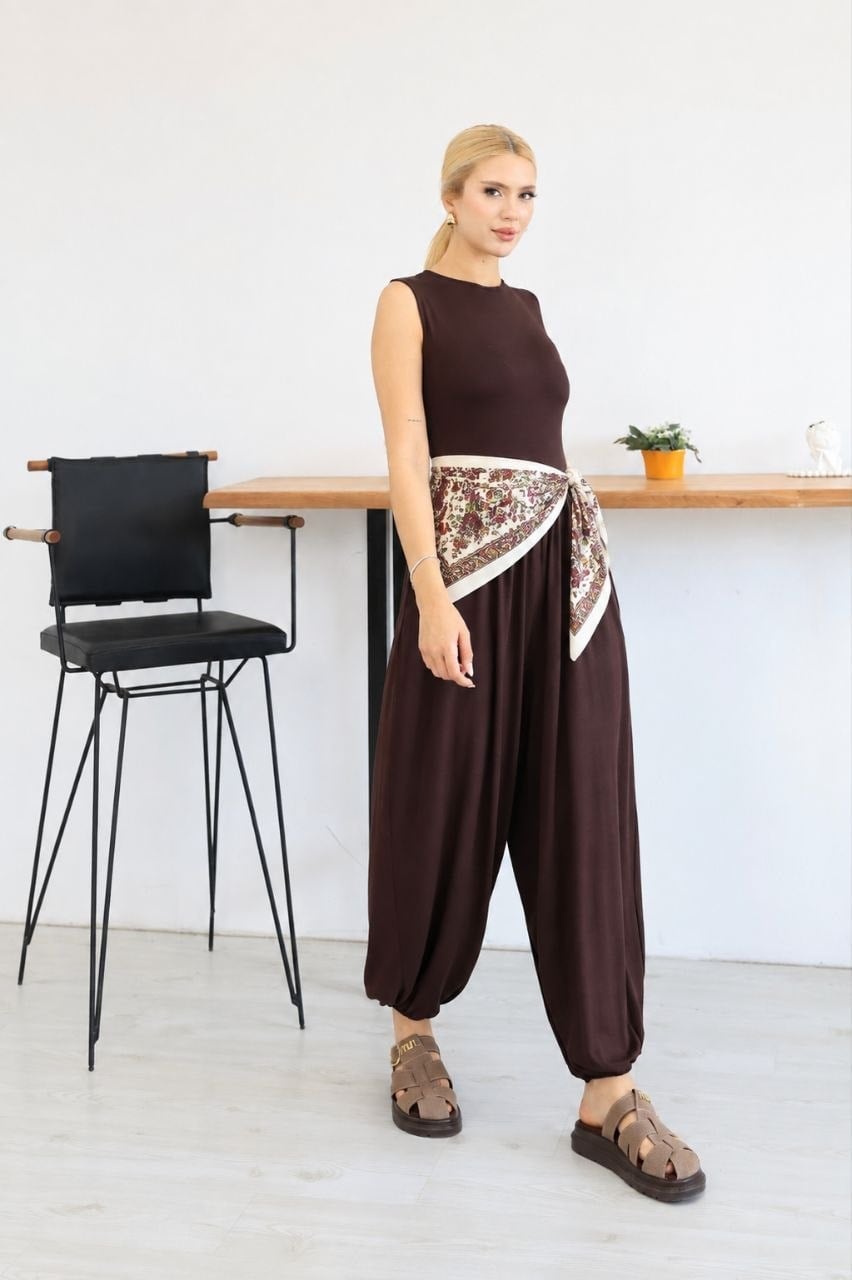 Sıfır Kol Modal Kumaş Şalvar Tulum Kahve