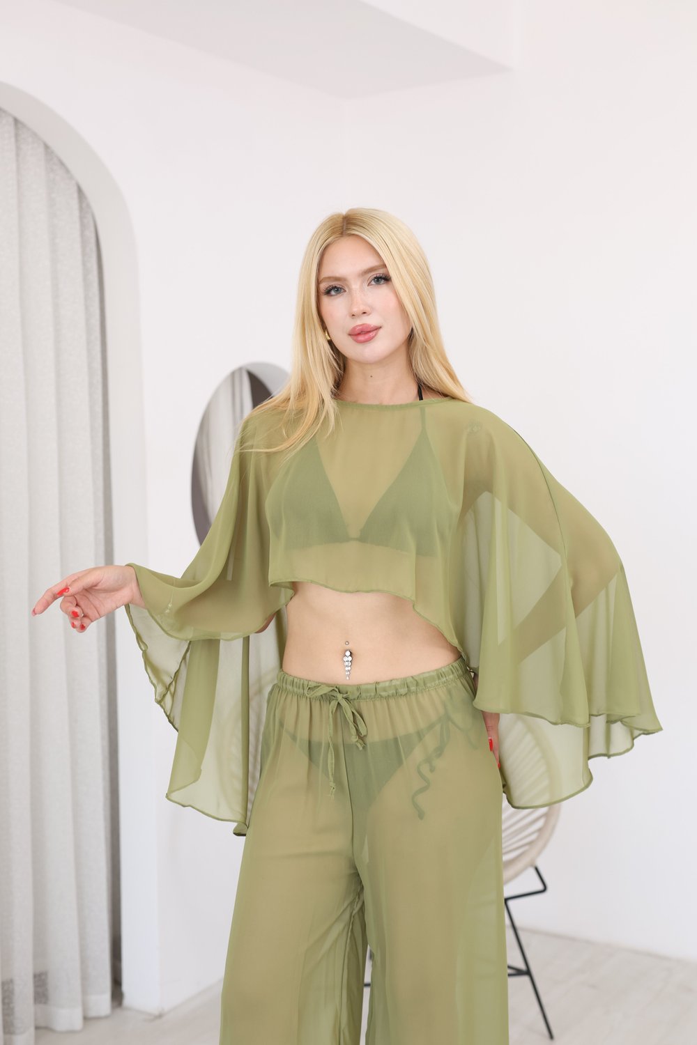 Şifon Belerin Bluz Pantolon Yeşil