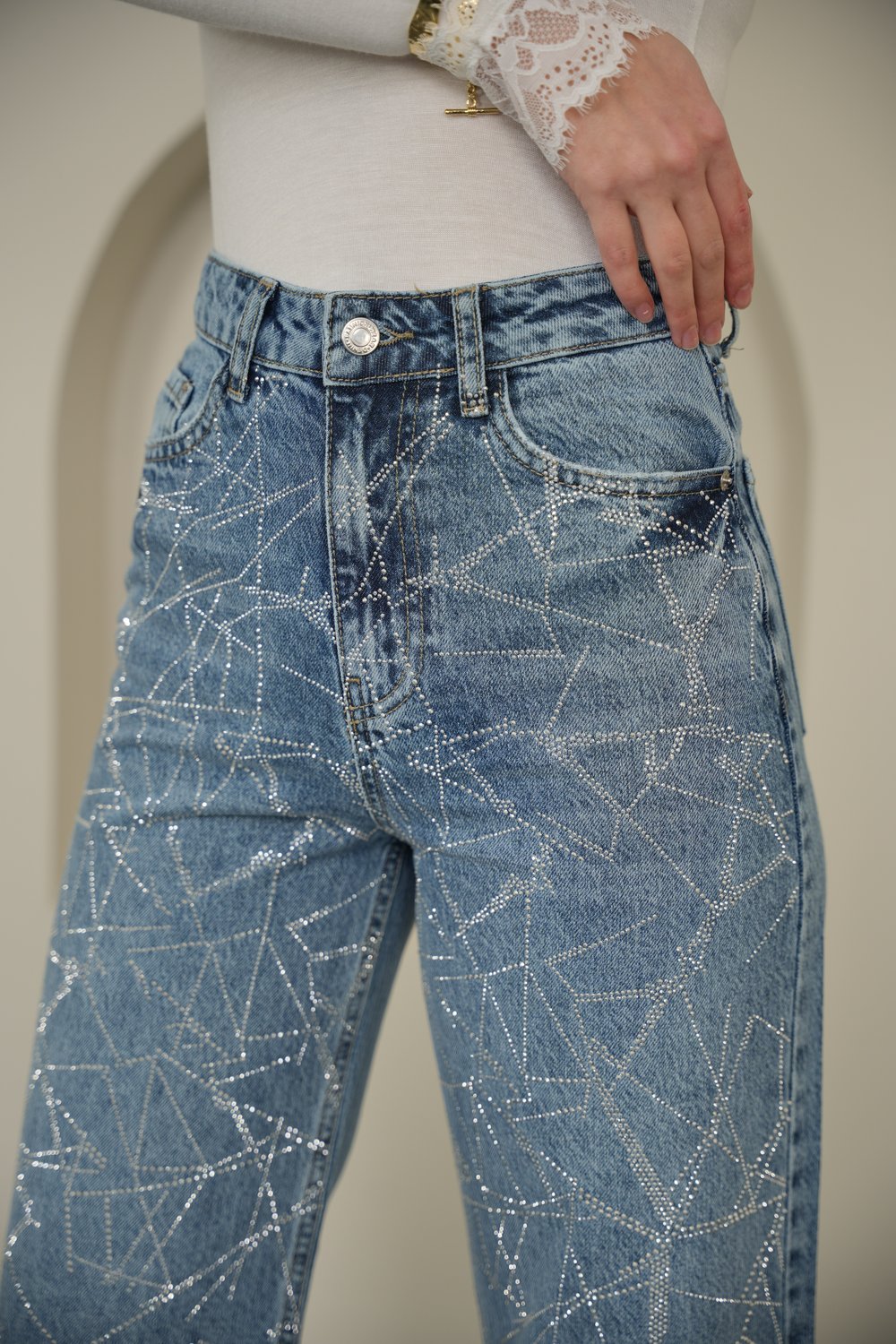 Wıde Leg Cam Kırığı Taşlı Jean Mavi Renk