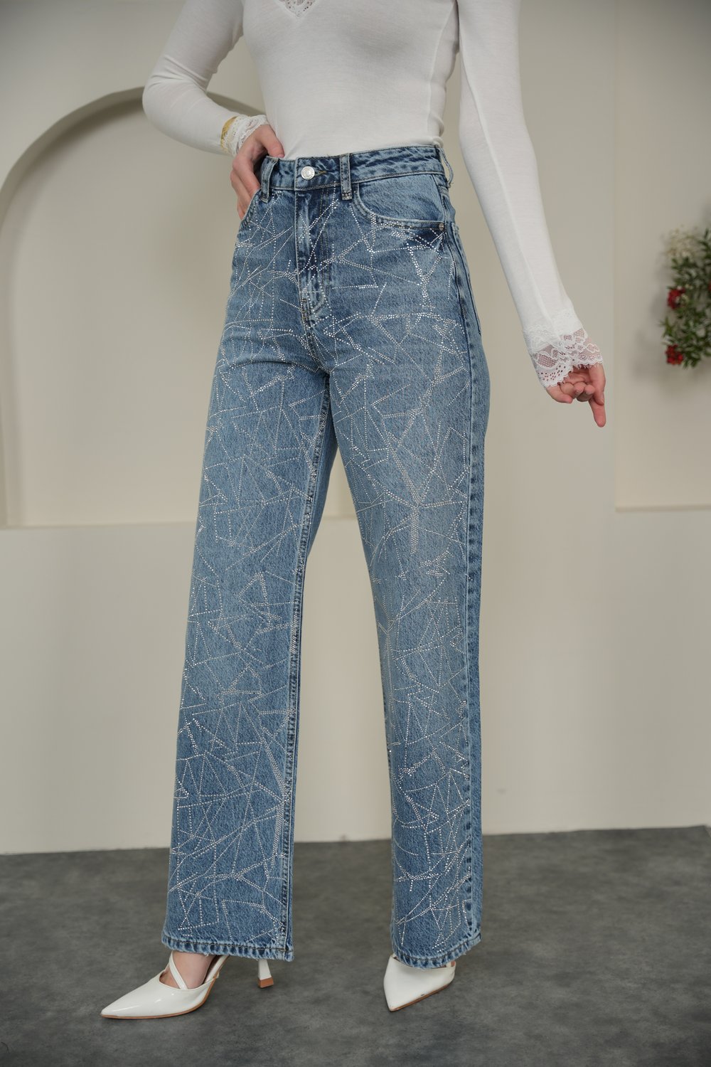 Wıde Leg Cam Kırığı Taşlı Jean Mavi Renk