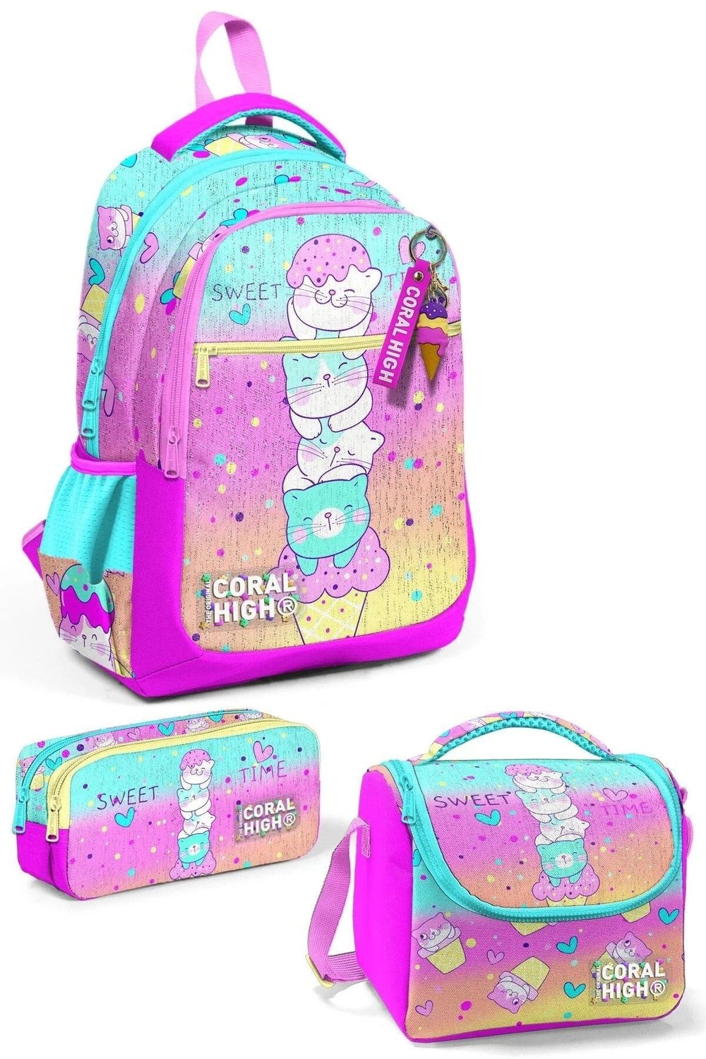 Kids Renkli Dondurmalı Kedi Desenli 3’lü Okul Çanta Seti SET0123648