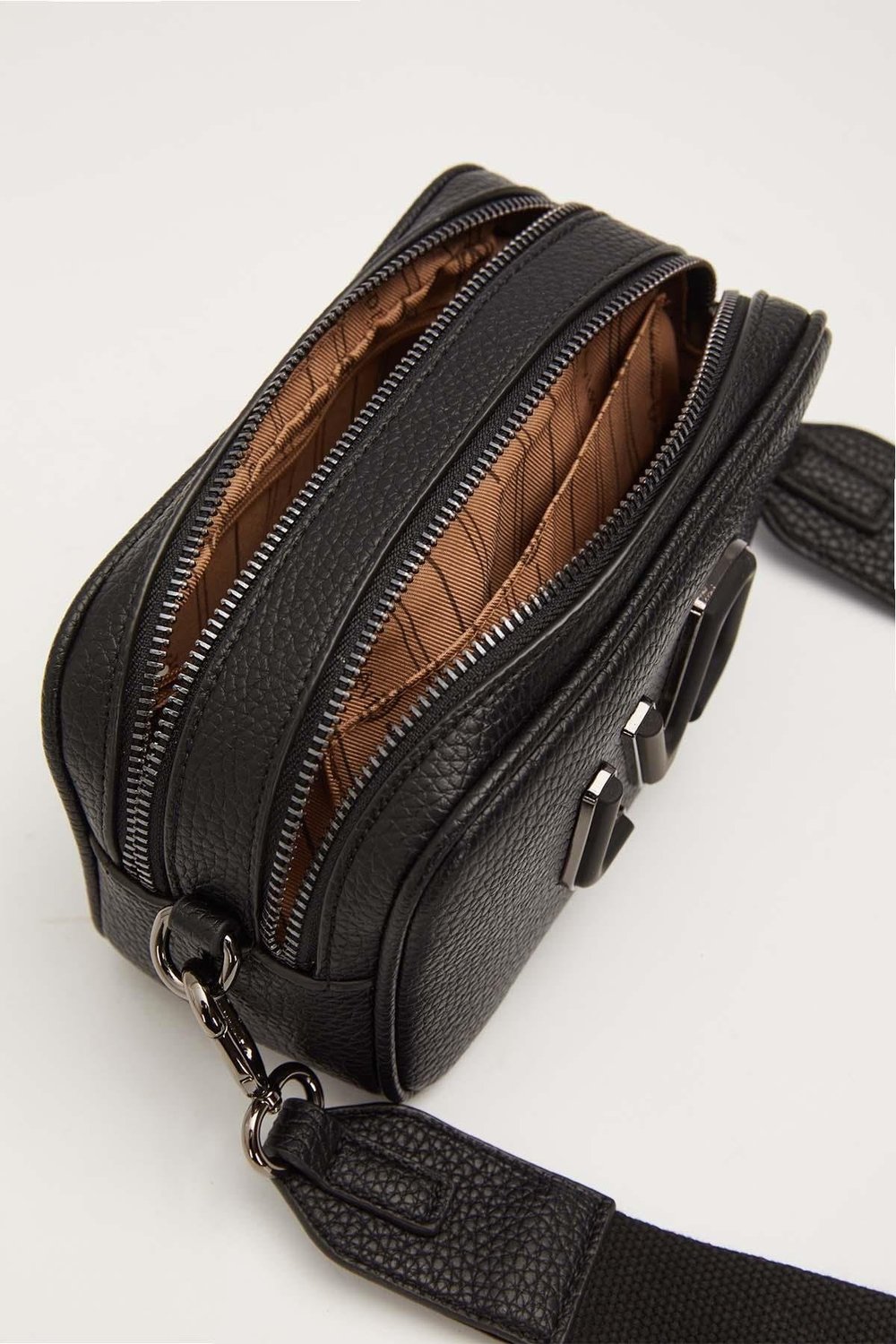 Uzun Askılı Küçük Boy Crossbody Çift Bölmeli Logo Detaylı Kadın Günlük Omuz Çantası Siyah