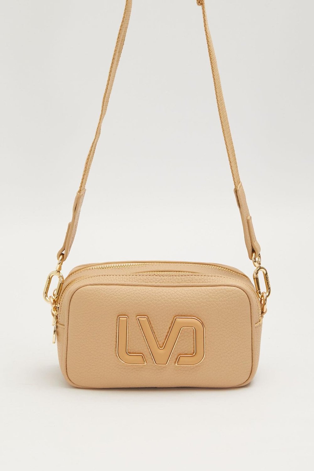 Uzun Askılı Küçük Boy Crossbody Çift Bölmeli Logo Detaylı Kadın Günlük Omuz Çantası Bej