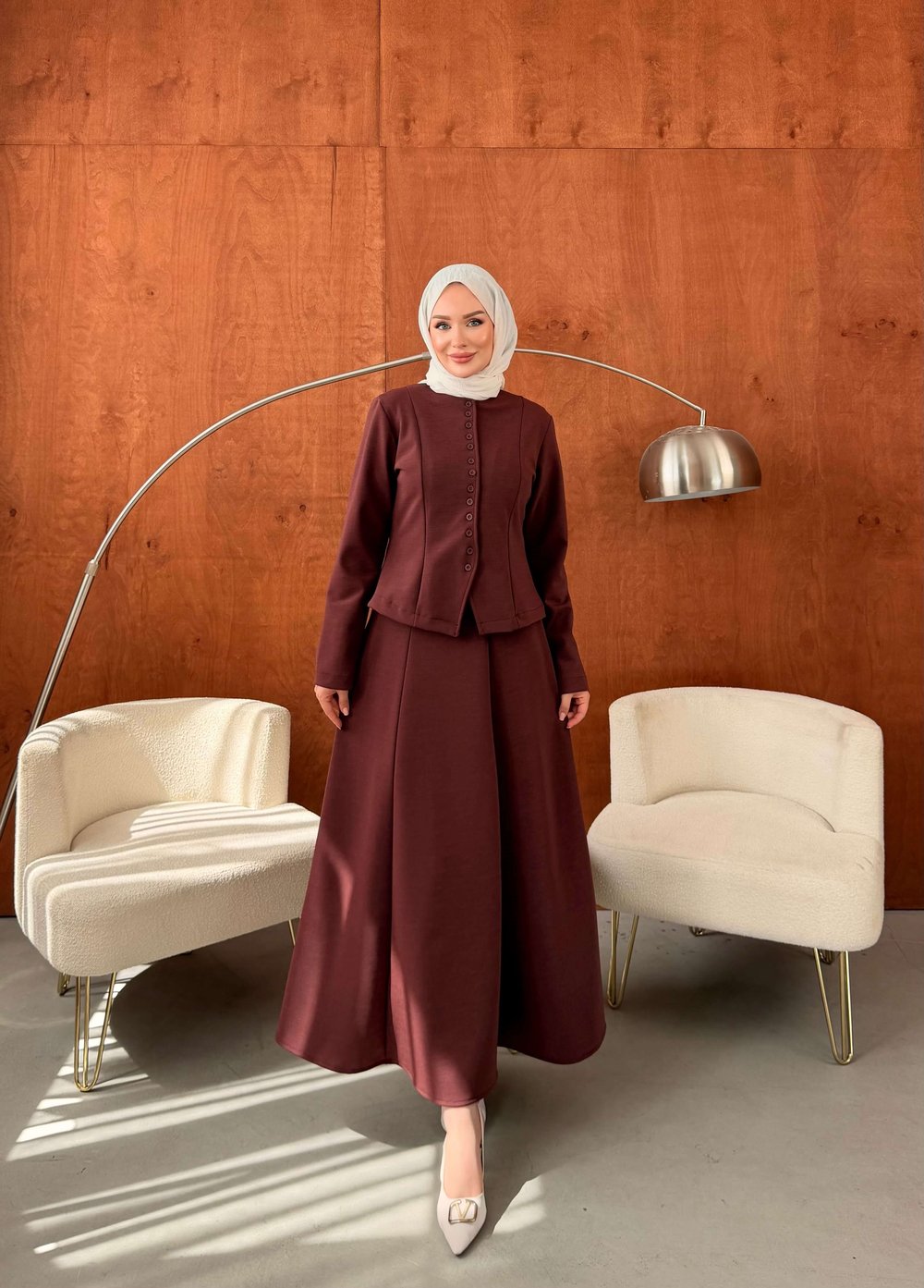 LADİN ÇELİK ÖRME DÜĞMELİ ETEKLİ TAKIM BORDO