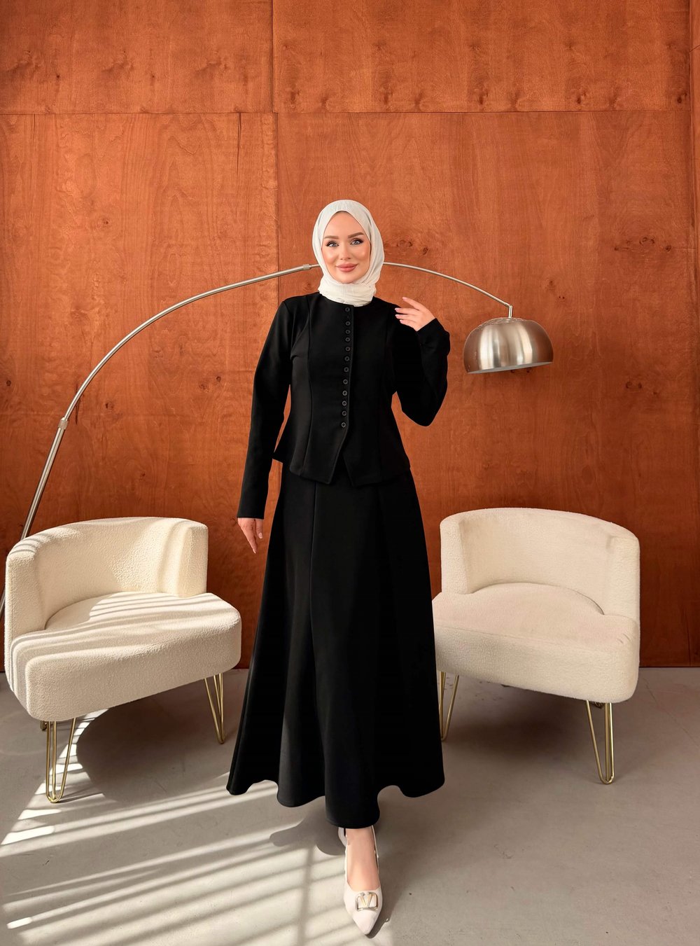 LADİN ÇELİK ÖRME DÜĞMELİ ETEKLİ TAKIM SİYAH