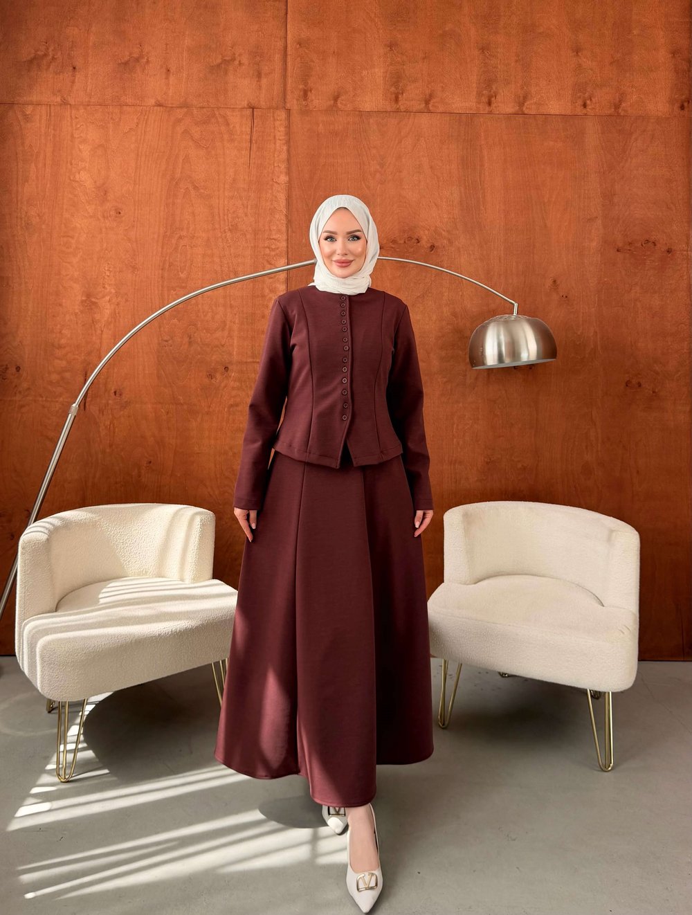 LADİN ÇELİK ÖRME DÜĞMELİ ETEKLİ TAKIM BORDO