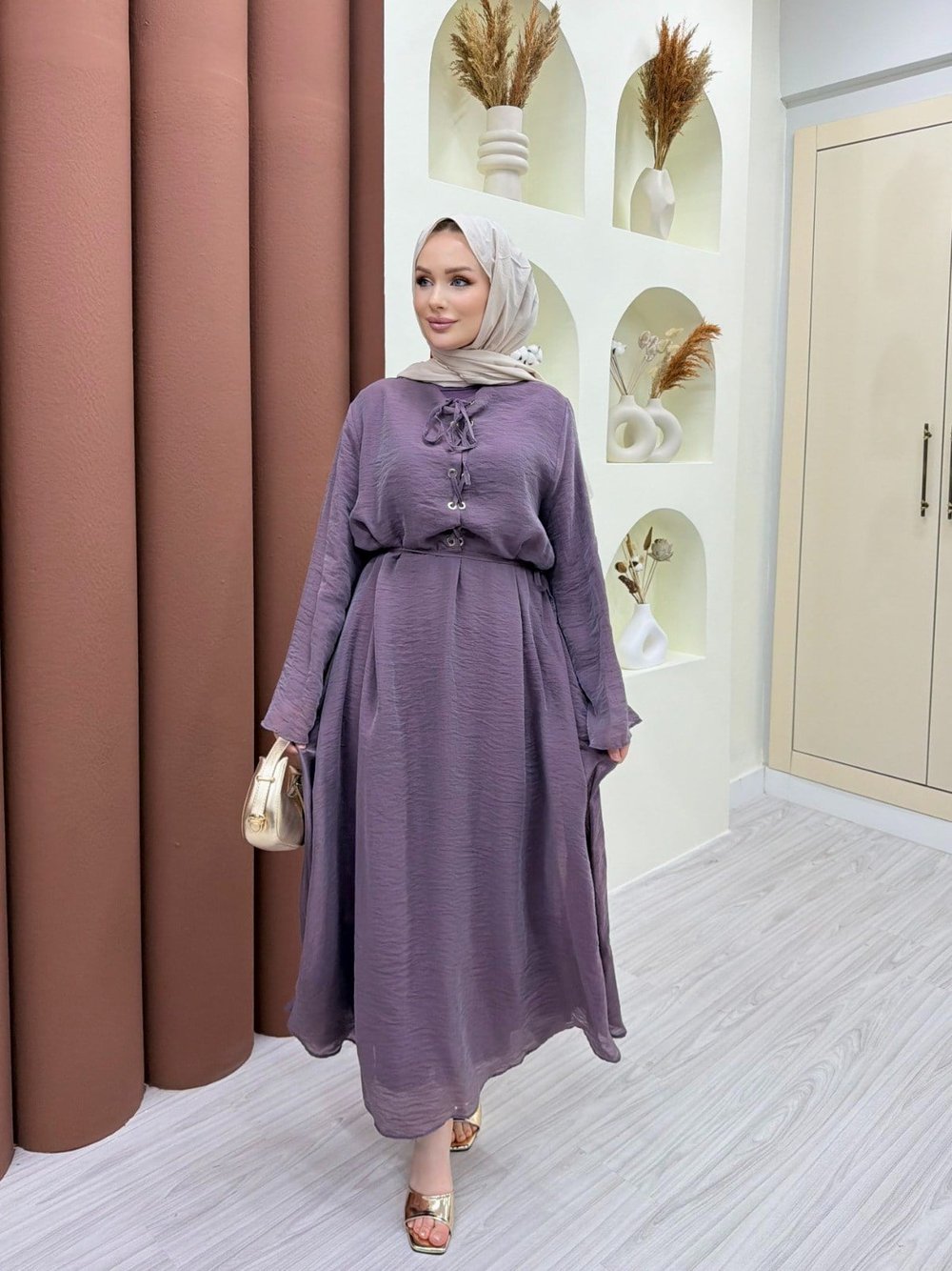 Vela Bağlama Detaylı Elbise Mürdüm