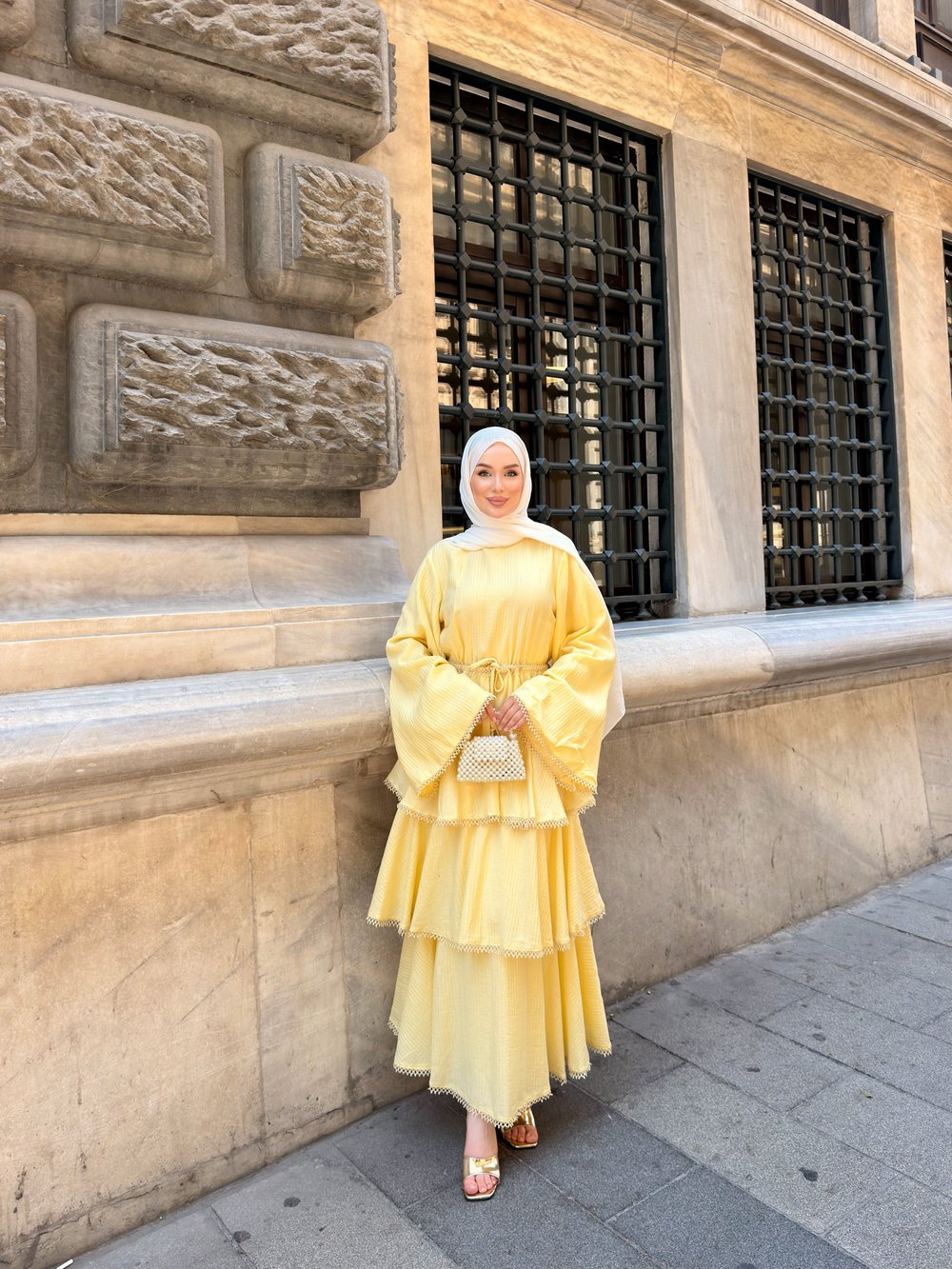 YORYO DANTEL DETAYLI KAT KAT ELBİSE | SARI