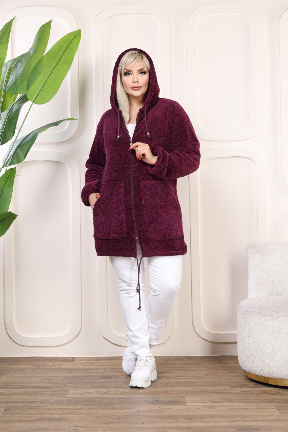 İKM BUTİK Welsof Kumaş Mürdüm Peluş Hırka