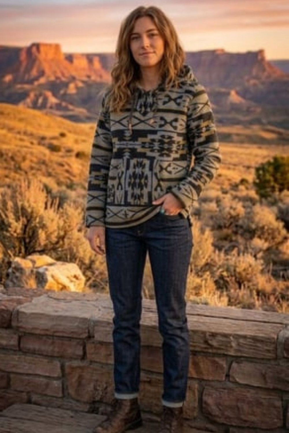 Etnik Desenli Kapüşonlu Sweatshirt