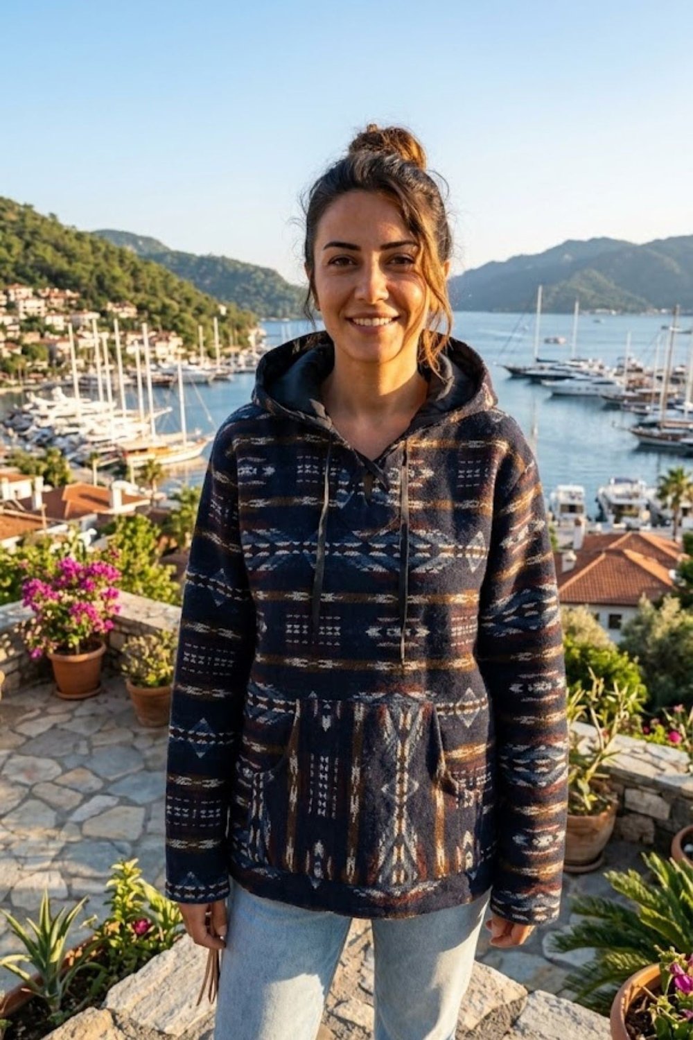 Etnik Desenli Kapüşonlu Sweatshirt