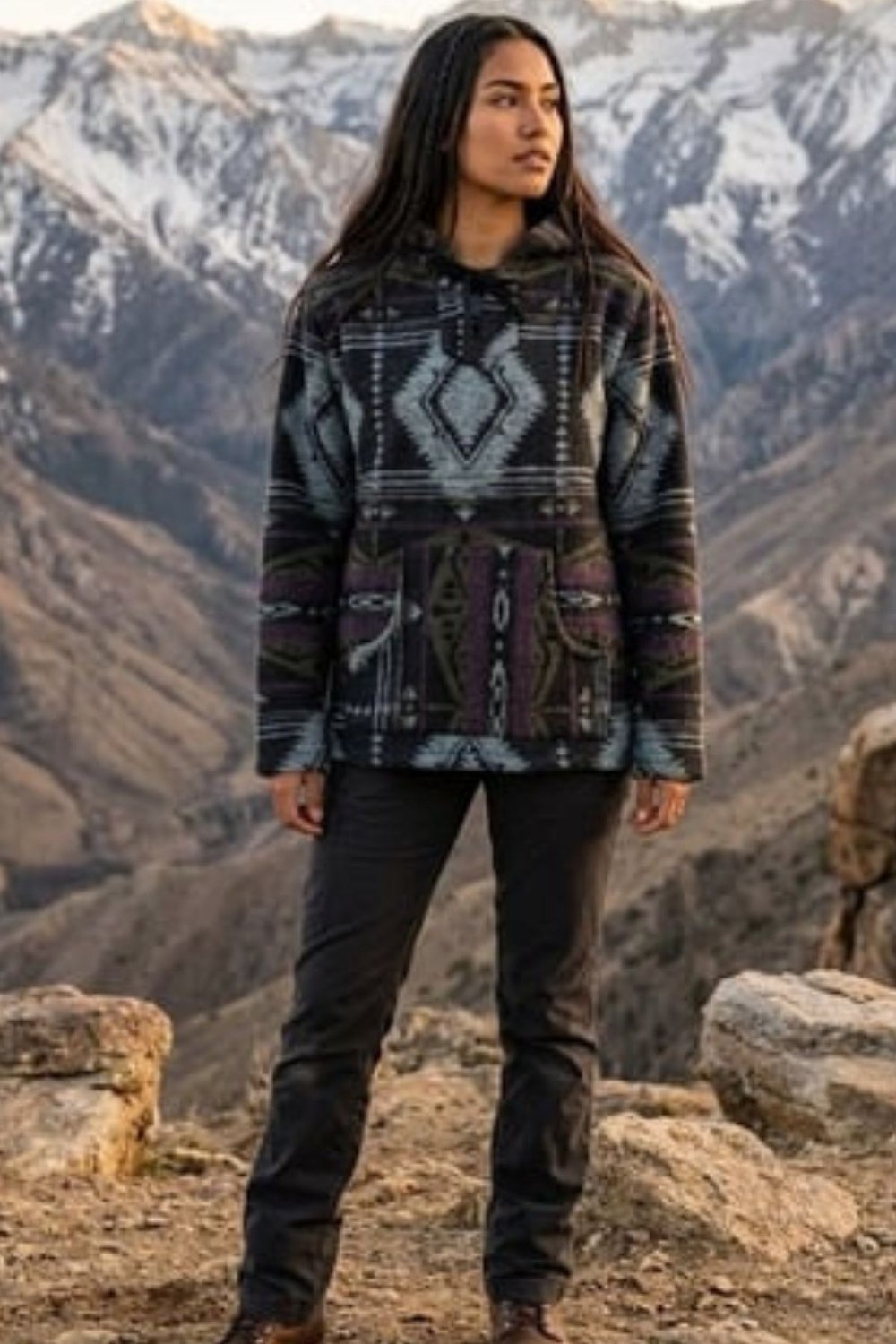 Etnik Desenli Kapüşonlu Sweatshirt