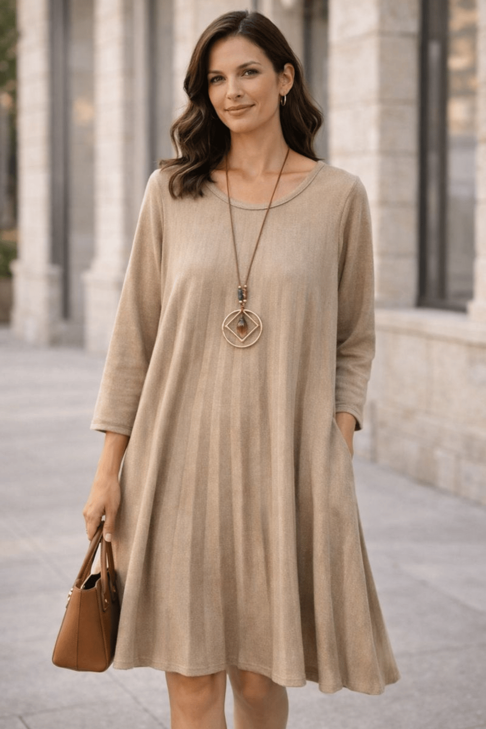 İtalyan Triko Elbise  Oversize Kolye Hediye
