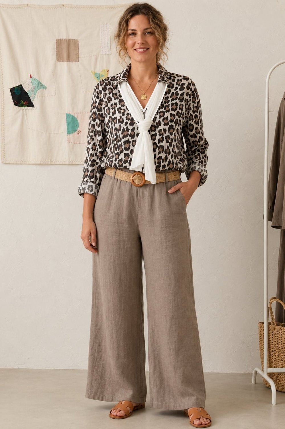 Leopar Desenli, Fularlı V Yaka Bluz