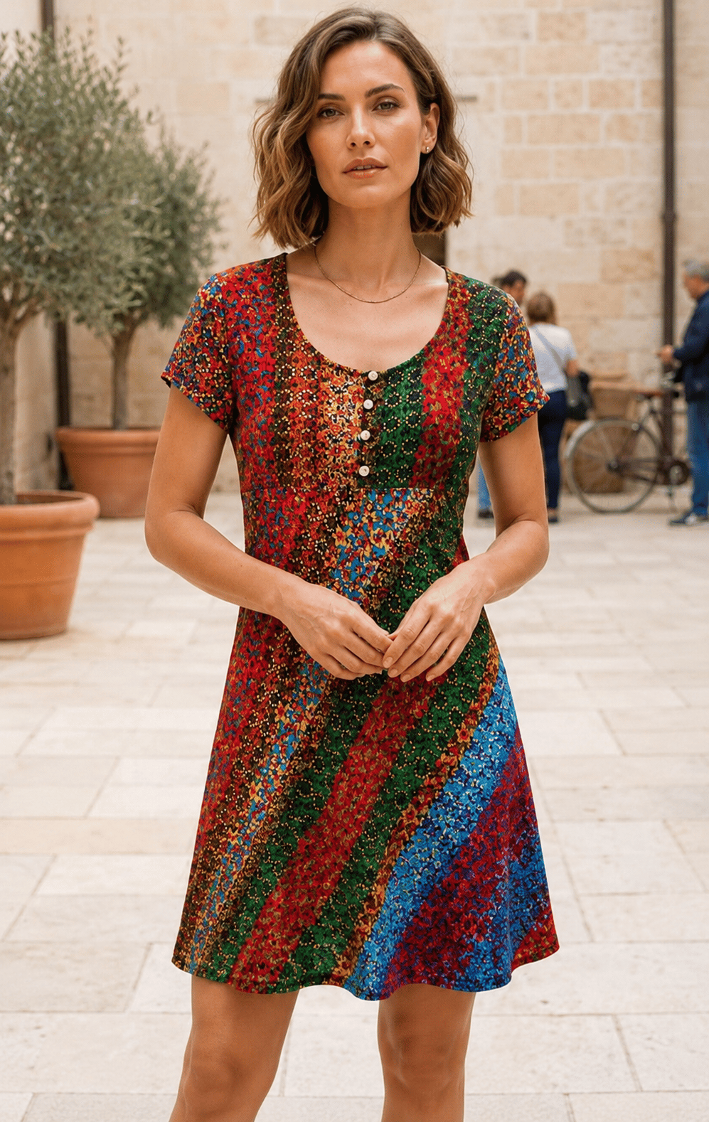 Önden Düğmeli Patchwork Kısa Kollu Bohem Elbise