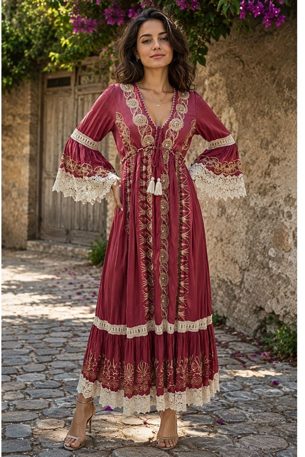 Otantik Desenli Dantel İşlemeli Boho Elbise